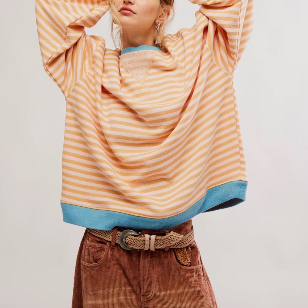 We The Free Tan and Blue Striped Sweatshirt